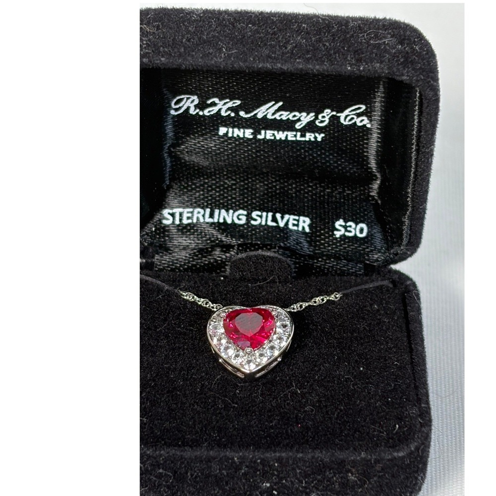 R.H. Macy & Co Sterling Silver Lab Ruby White Sapphire Heart Necklace NEW